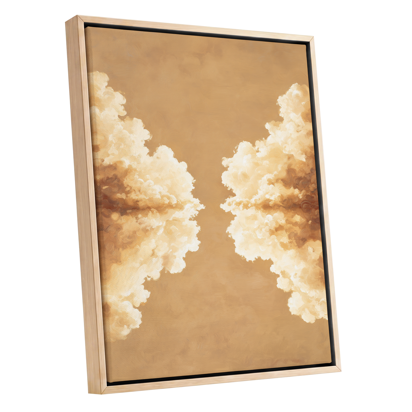 Gilded Cloud Passage, beige, gold, white nature wall art shown as a oak framed canvas wall art