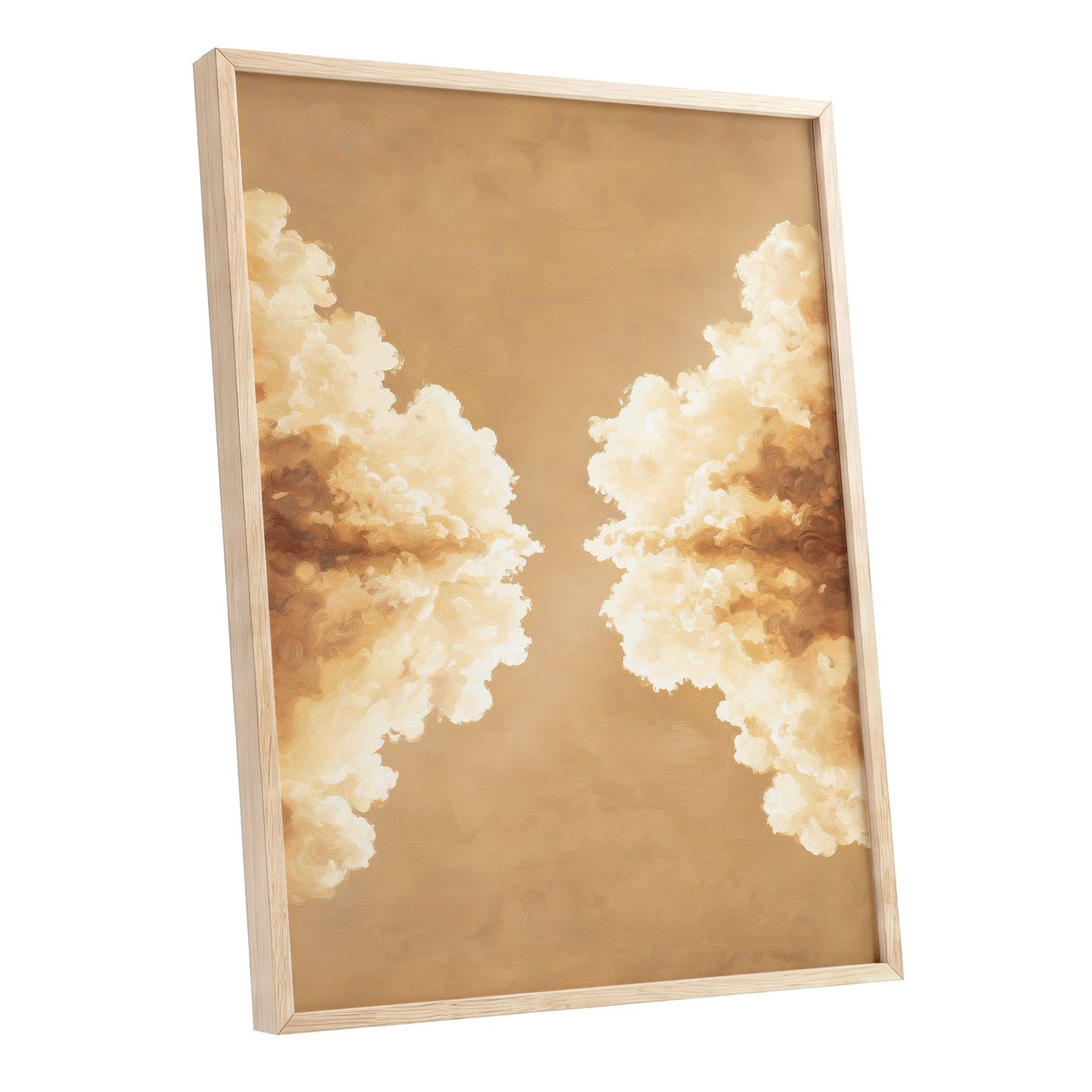 Gilded Cloud Passage, beige, gold, white nature wall art shown as a oak framed poster wall art print