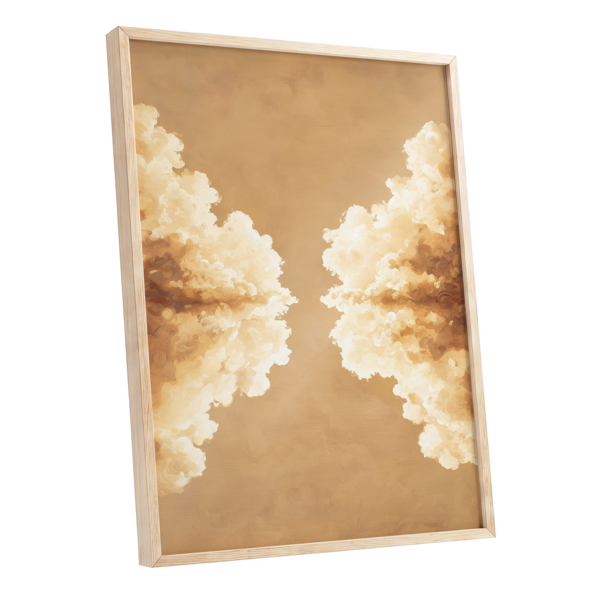 Gilded Cloud Passage, beige, gold, white nature wall art shown as a oak framed poster wall art print
