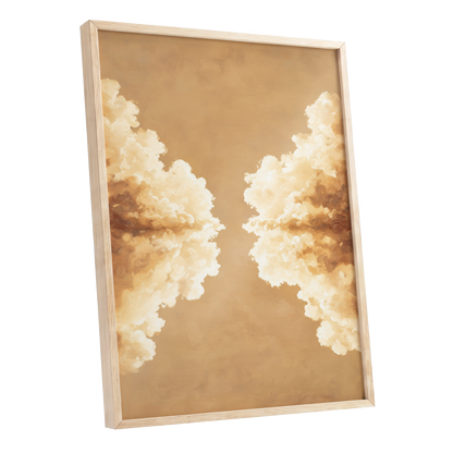 Gilded Cloud Passage, beige, gold, white nature wall art shown as a oak framed poster wall art print