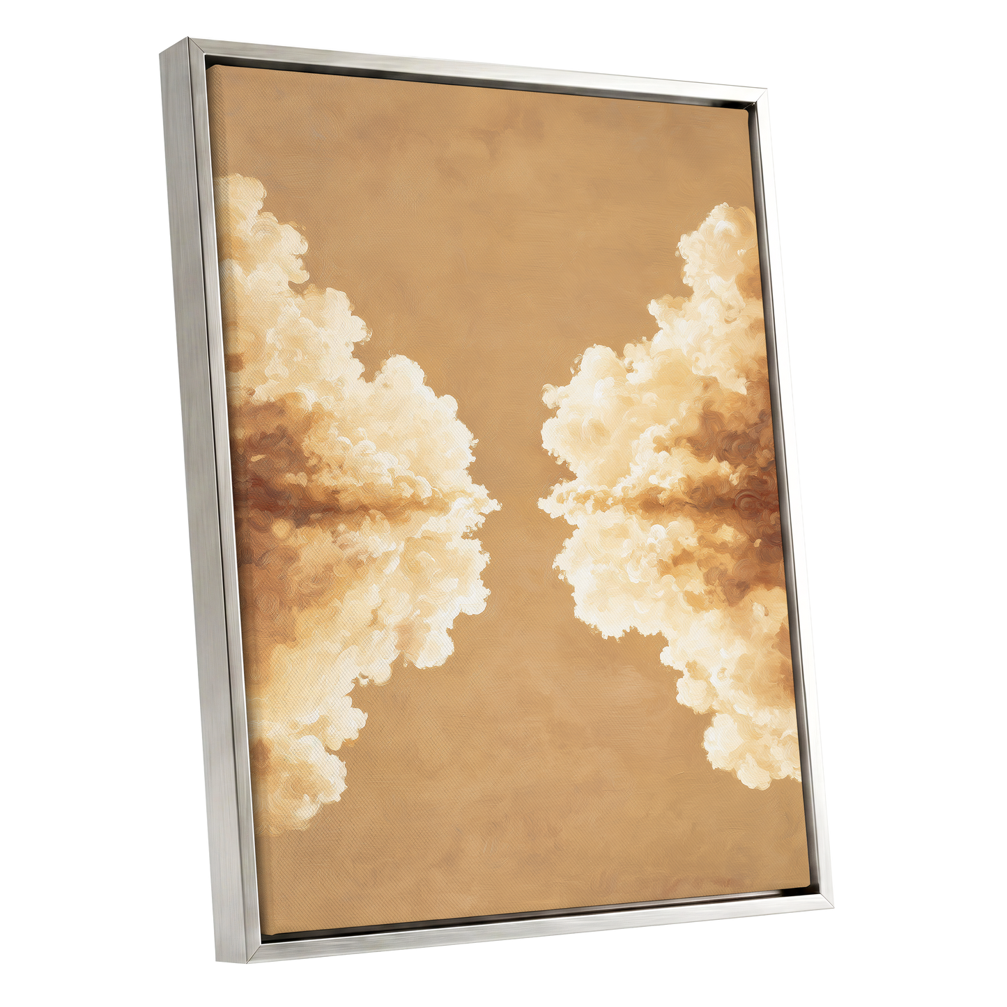 Gilded Cloud Passage, beige, gold, white nature wall art shown as a silver framed canvas wall art