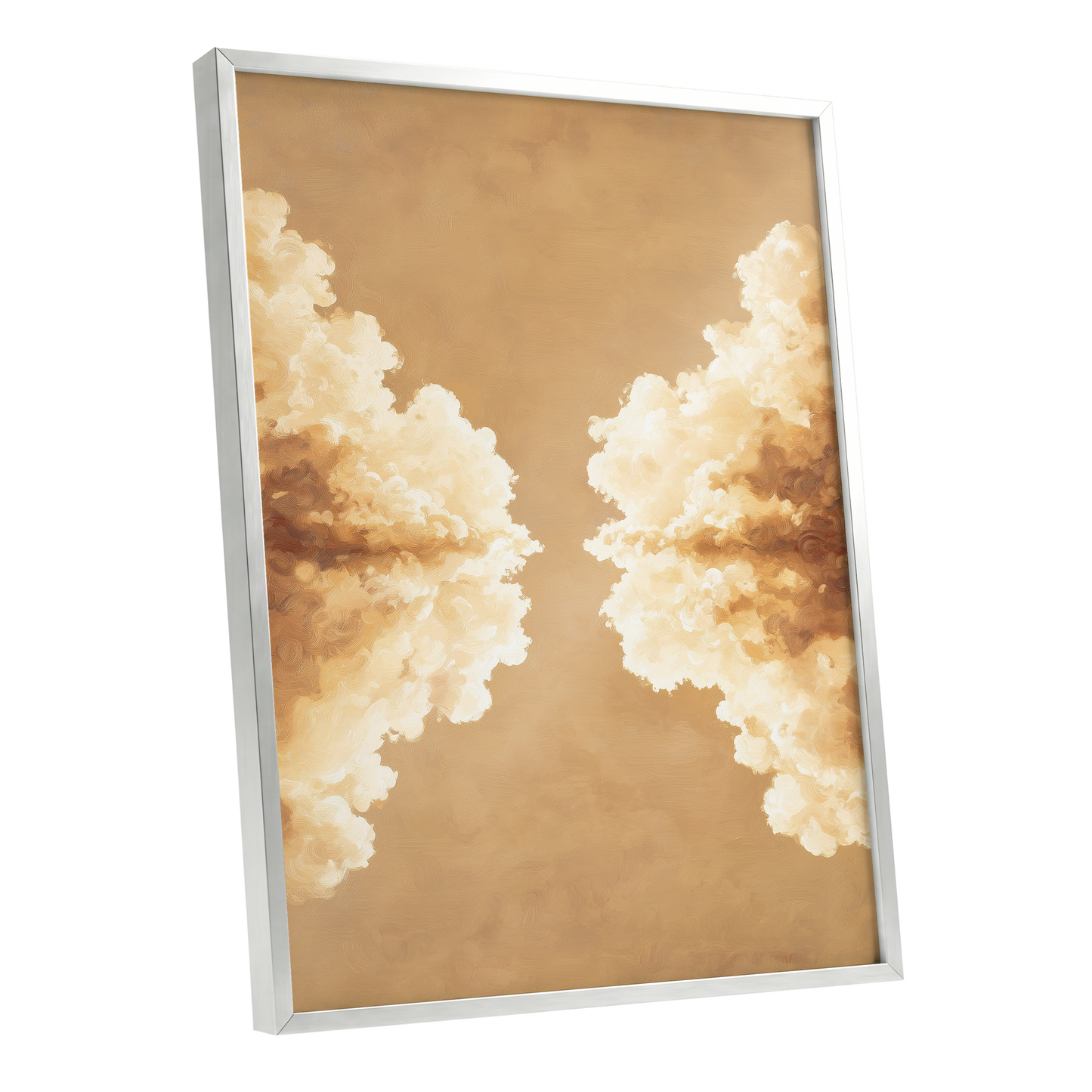 Gilded Cloud Passage, beige, gold, white nature wall art shown as a silver framed poster wall art print