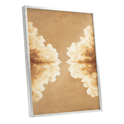 Gilded Cloud Passage, beige, gold, white nature wall art shown as a silver framed poster wall art print