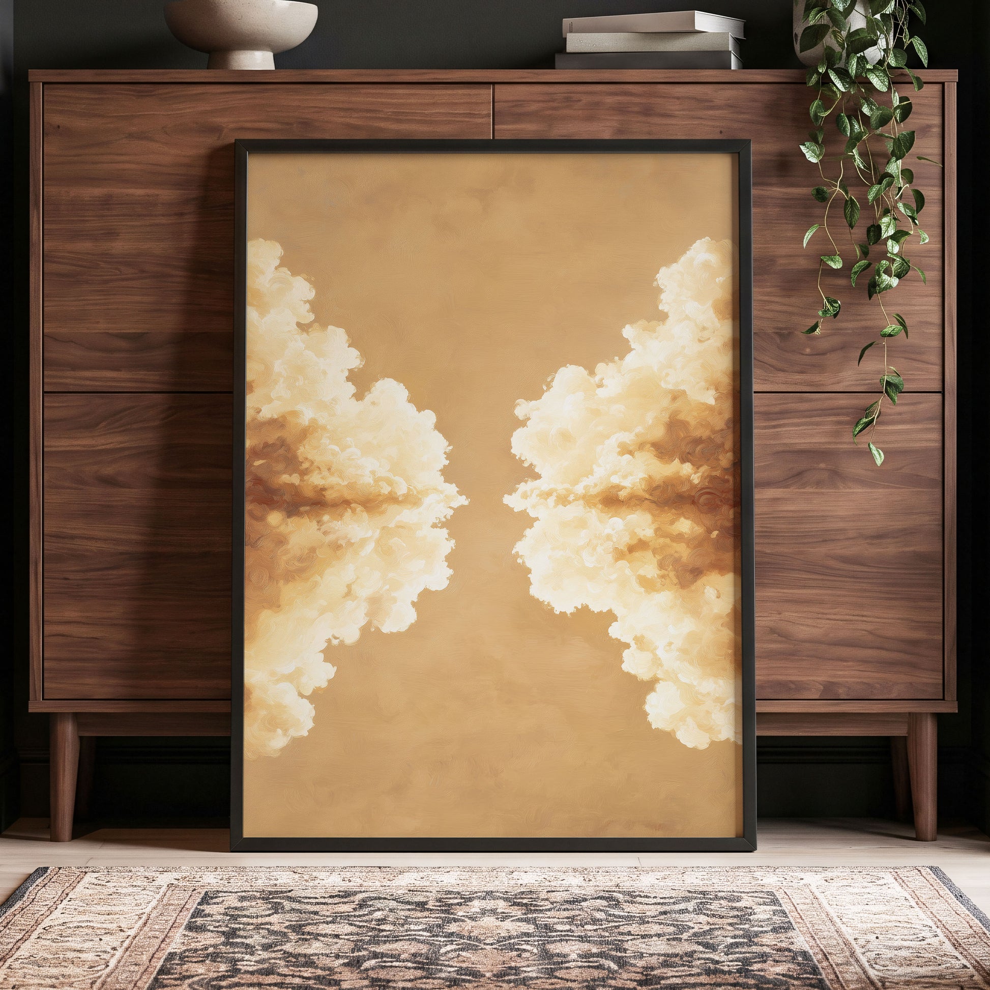 Gilded Cloud Passage, beige, gold, white nature wall art displayed in a styled interior, gallery view 2