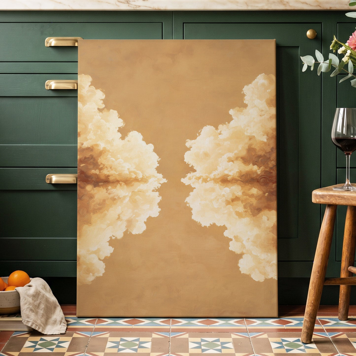 Gilded Cloud Passage, beige, gold, white nature wall art displayed in a styled interior, gallery view 3