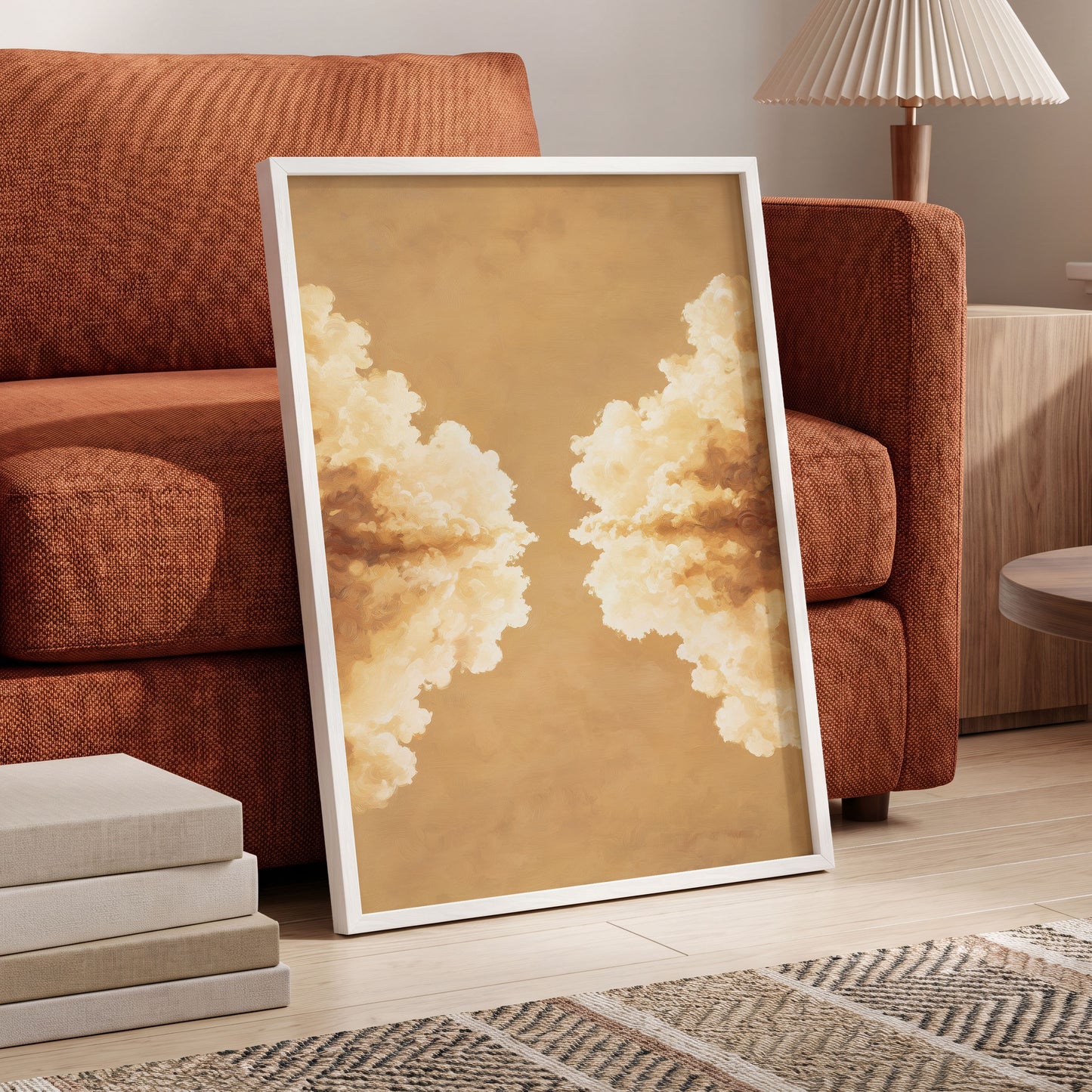 Gilded Cloud Passage, beige, gold, white nature wall art displayed in a styled interior, gallery view 9