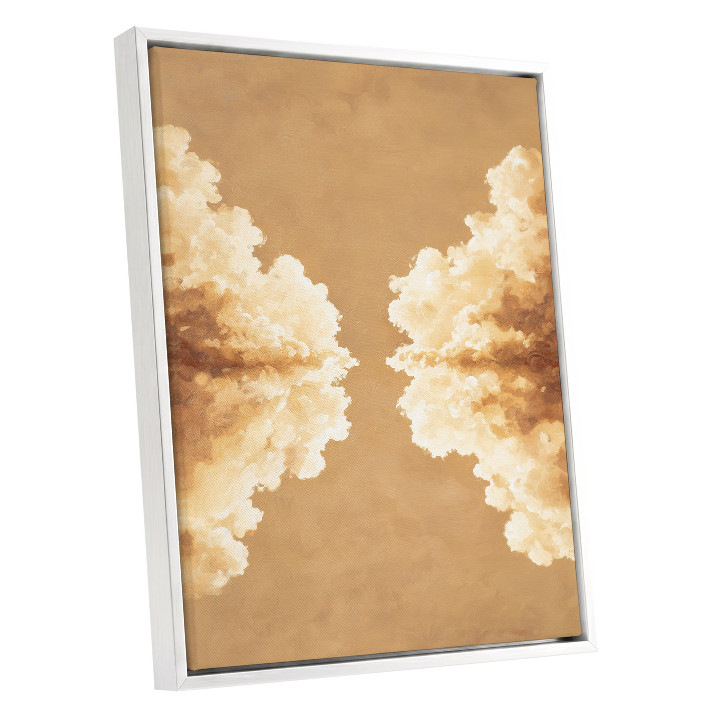Gilded Cloud Passage, beige, gold, white nature wall art shown as a white framed canvas wall art
