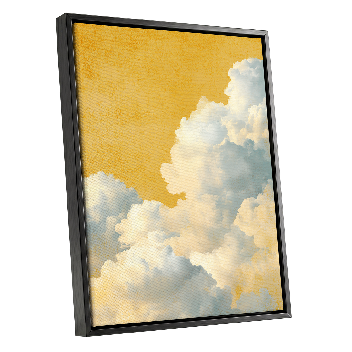 Gilded Cloudrise, gold, white, blue nature wall art shown as a black framed canvas wall art