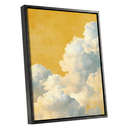 Gilded Cloudrise, gold, white, blue nature wall art shown as a black framed canvas wall art