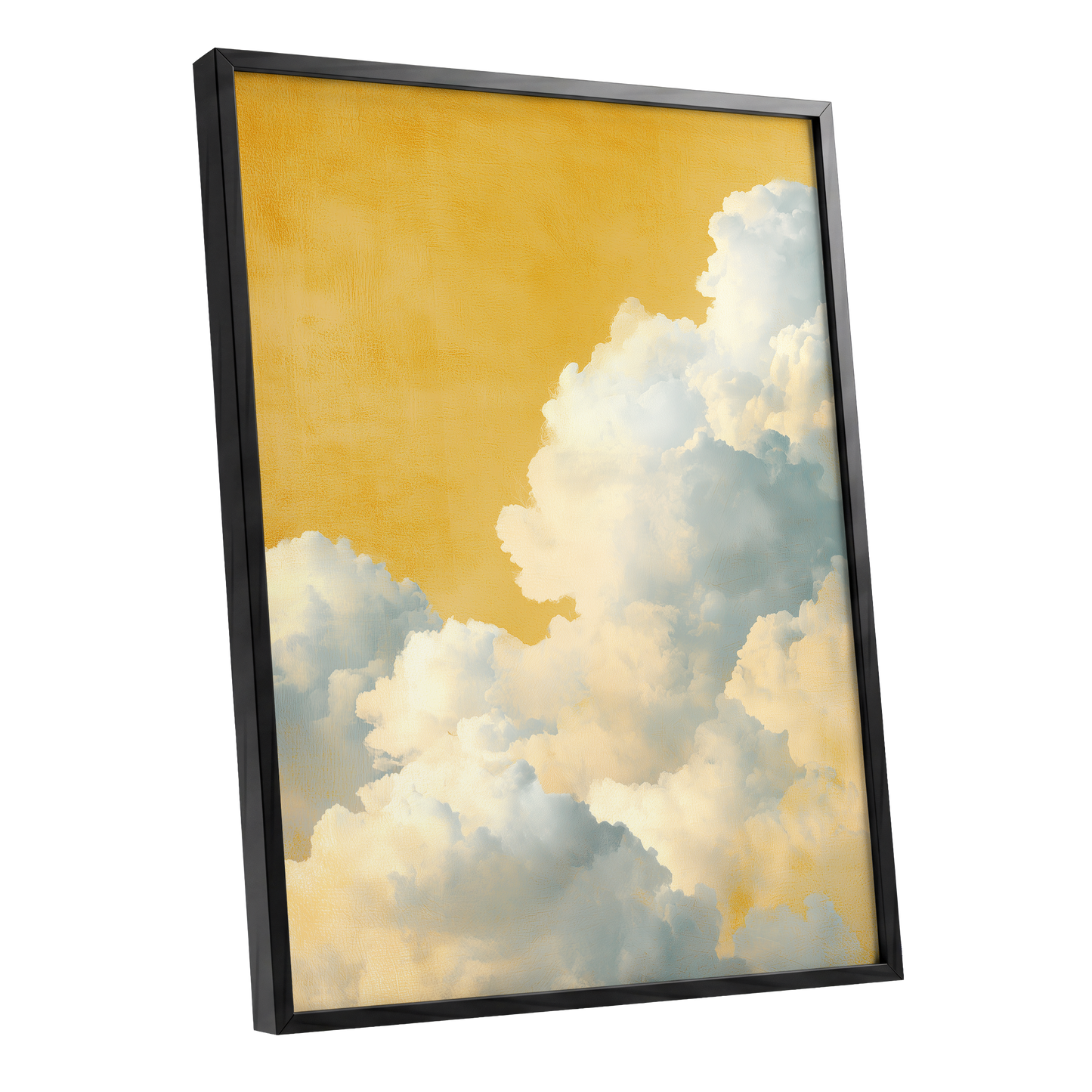 Gilded Cloudrise, gold, white, blue nature wall art shown as a black framed poster wall art print