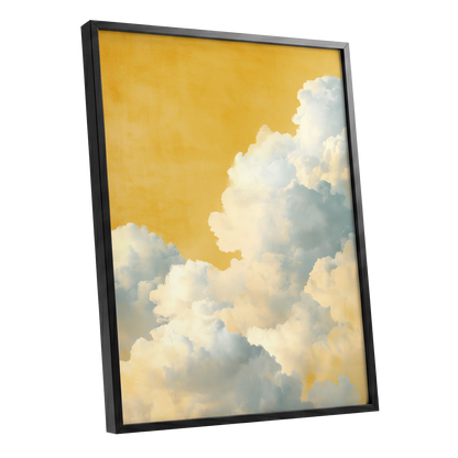 Gilded Cloudrise, gold, white, blue nature wall art shown as a black framed poster wall art print