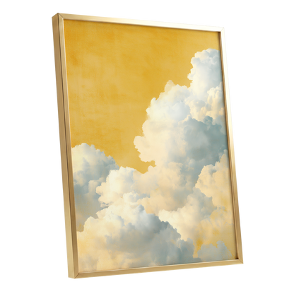 Gilded Cloudrise, gold, white, blue nature wall art shown as a gold framed poster wall art print