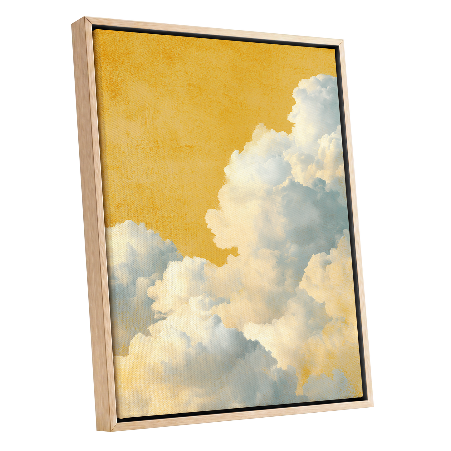 Gilded Cloudrise, gold, white, blue nature wall art shown as a oak framed canvas wall art