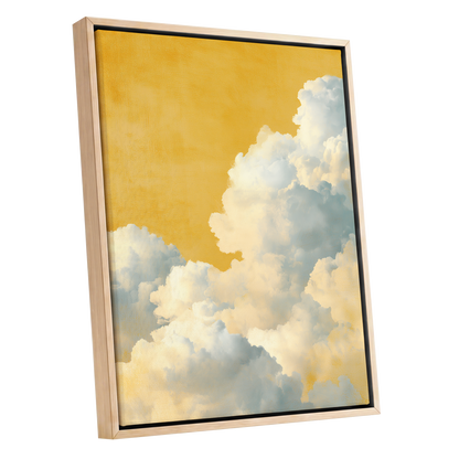 Gilded Cloudrise, gold, white, blue nature wall art shown as a oak framed canvas wall art