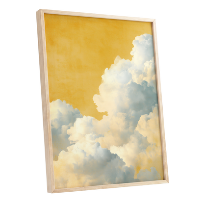 Gilded Cloudrise, gold, white, blue nature wall art shown as a oak framed poster wall art print