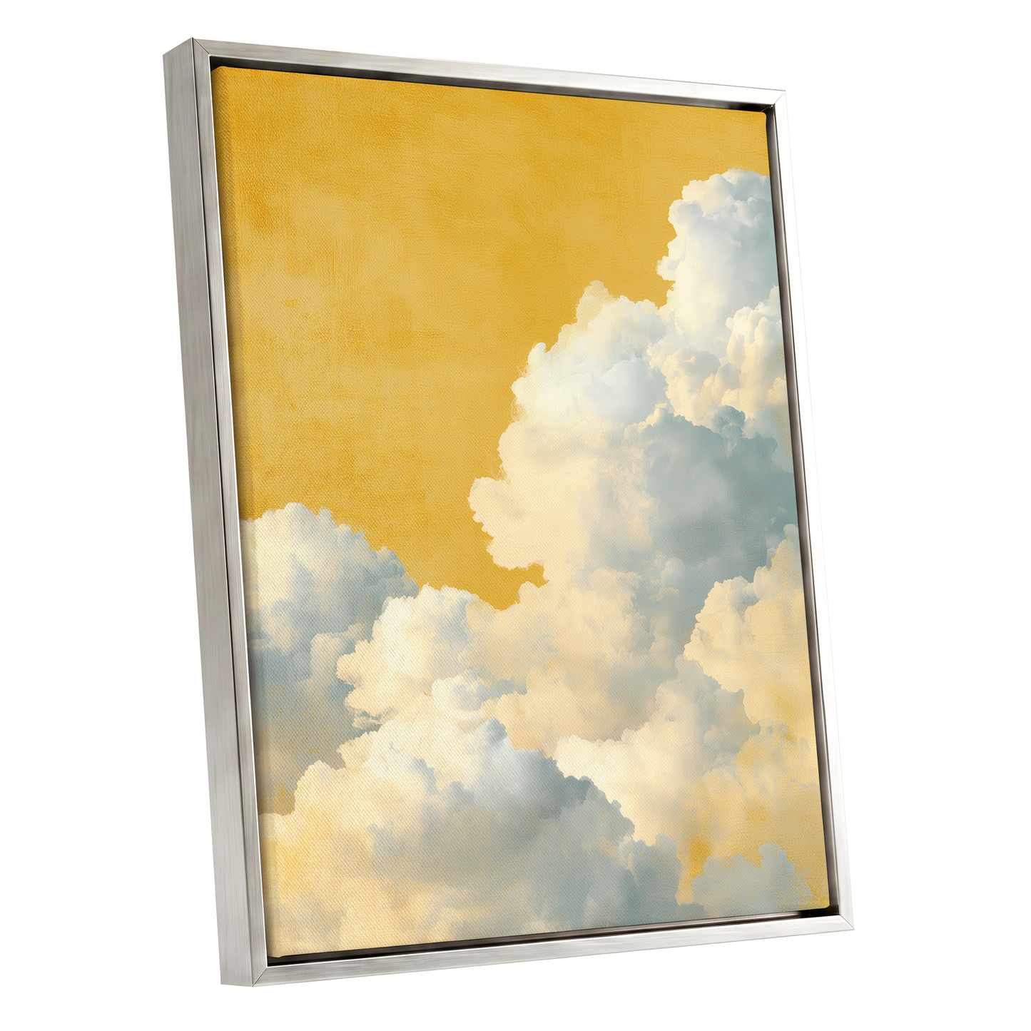 Gilded Cloudrise, gold, white, blue nature wall art shown as a silver framed canvas wall art