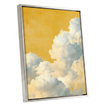 Gilded Cloudrise, gold, white, blue nature wall art shown as a silver framed canvas wall art