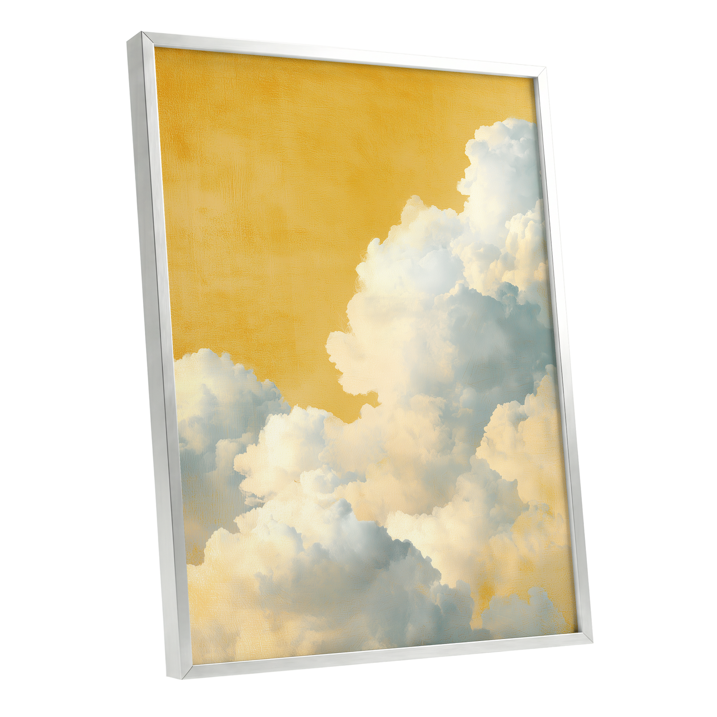 Gilded Cloudrise, gold, white, blue nature wall art shown as a silver framed poster wall art print