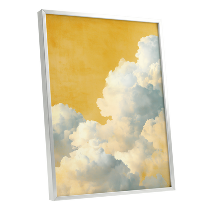 Gilded Cloudrise, gold, white, blue nature wall art shown as a silver framed poster wall art print
