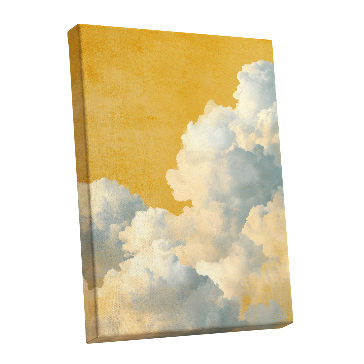 Gilded Cloudrise, gold, white, blue nature wall art shown as a stretched canvas wall art