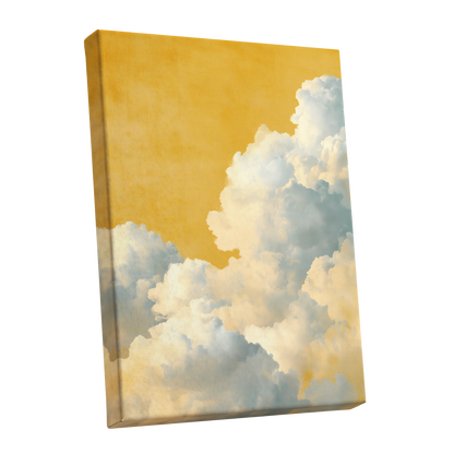 Gilded Cloudrise, gold, white, blue nature wall art shown as a stretched canvas wall art