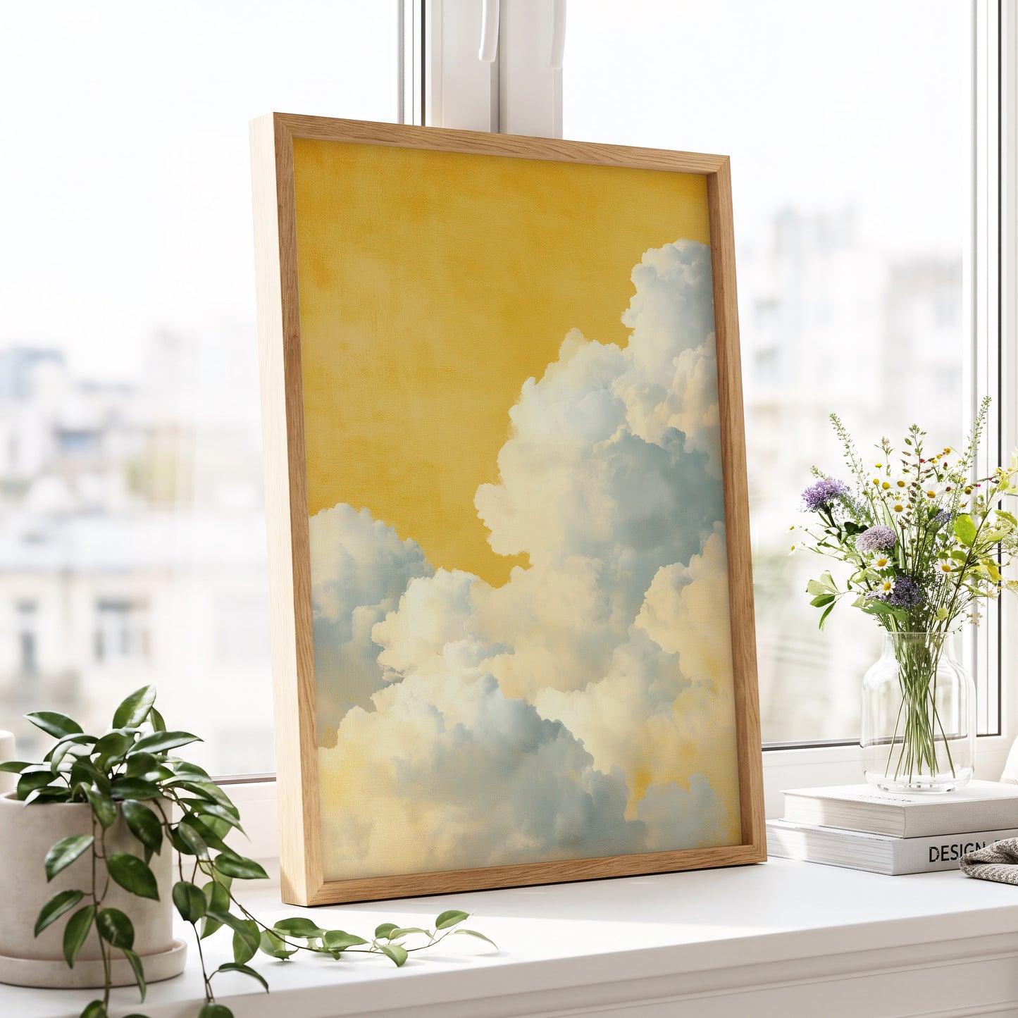 Gilded Cloudrise, gold, white, blue nature wall art displayed in a styled interior, gallery view 2
