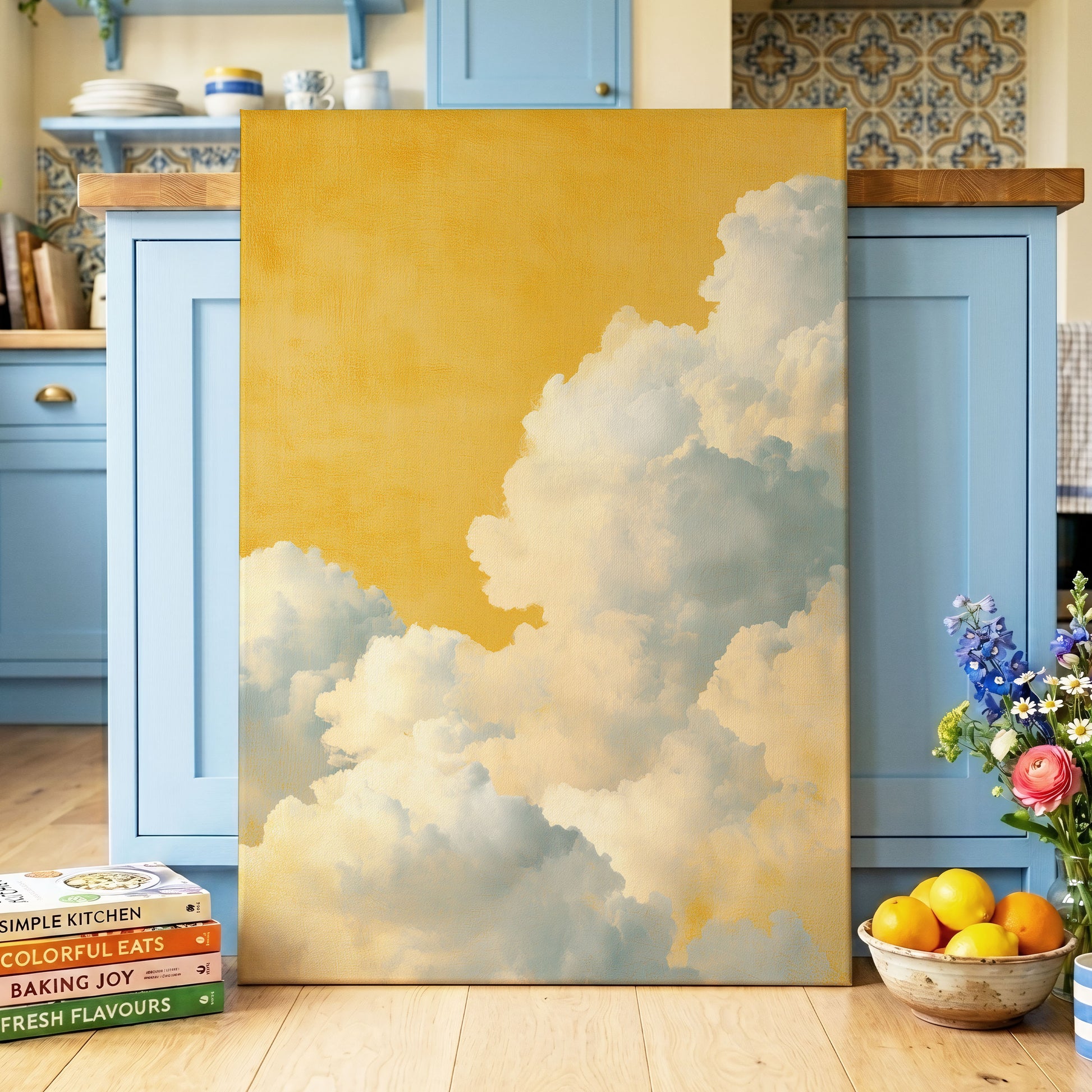 Gilded Cloudrise, gold, white, blue nature wall art displayed in a styled interior, gallery view 3