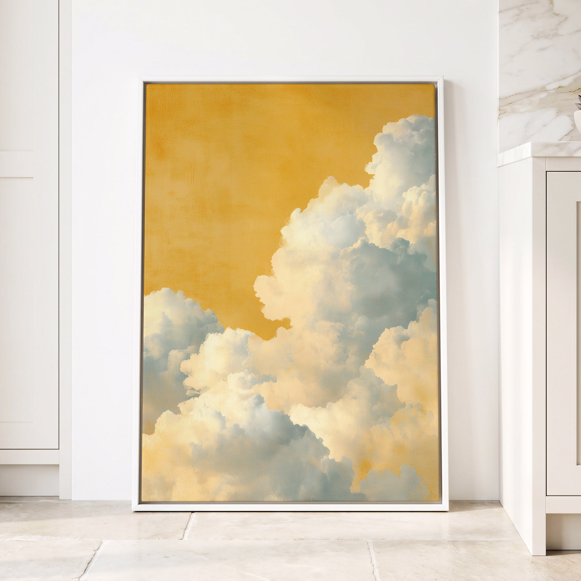 Gilded Cloudrise, gold, white, blue nature wall art displayed in a styled interior, gallery view 4