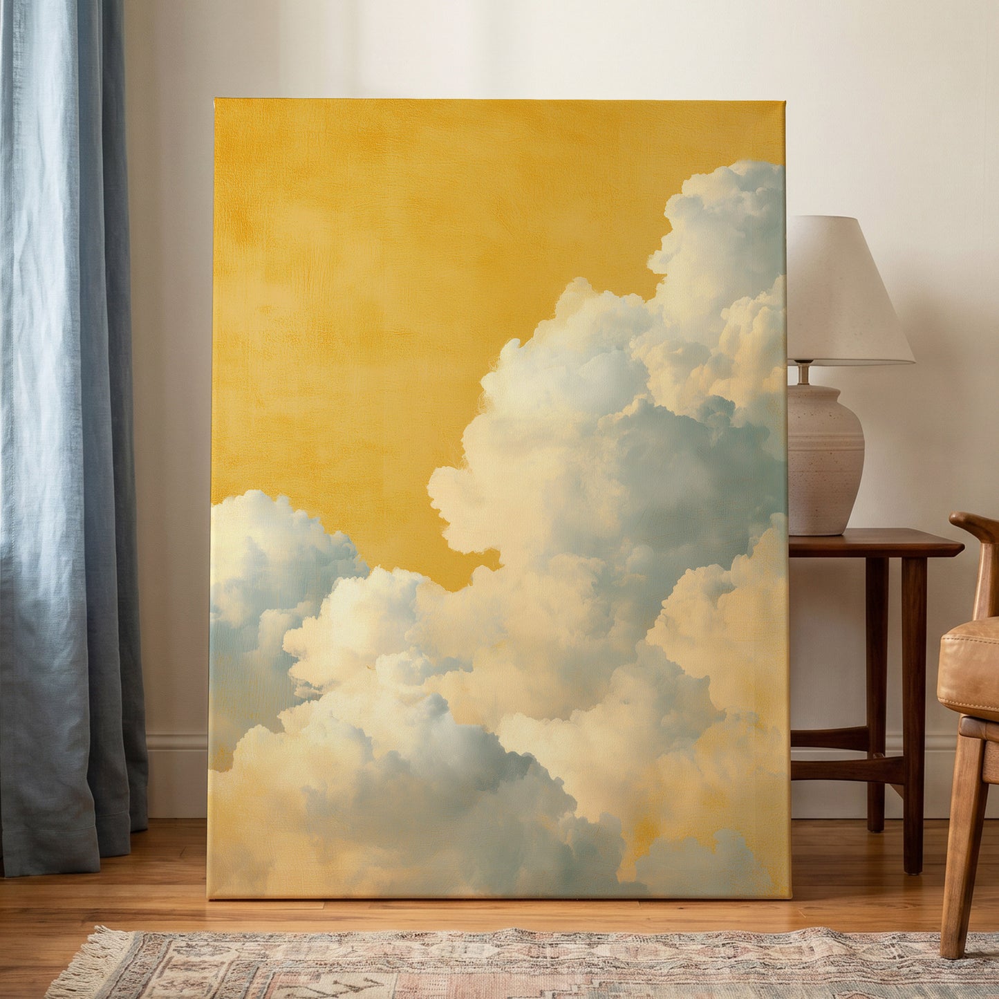 Gilded Cloudrise, gold, white, blue nature wall art displayed in a styled interior, gallery view 7