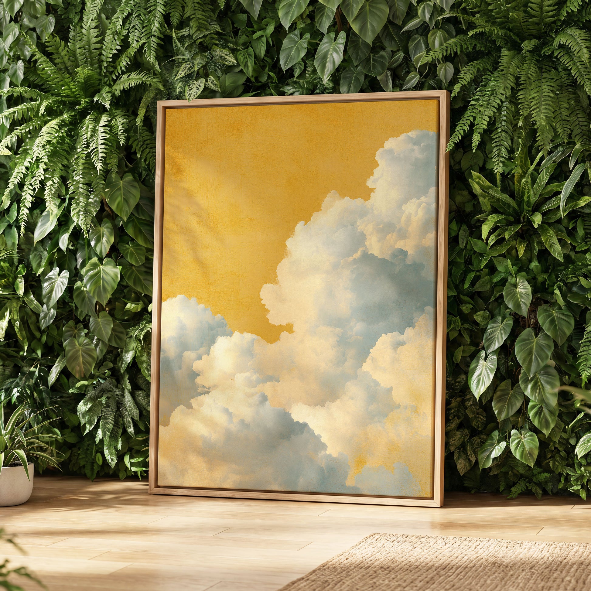Gilded Cloudrise, gold, white, blue nature wall art displayed in a styled interior, gallery view 8