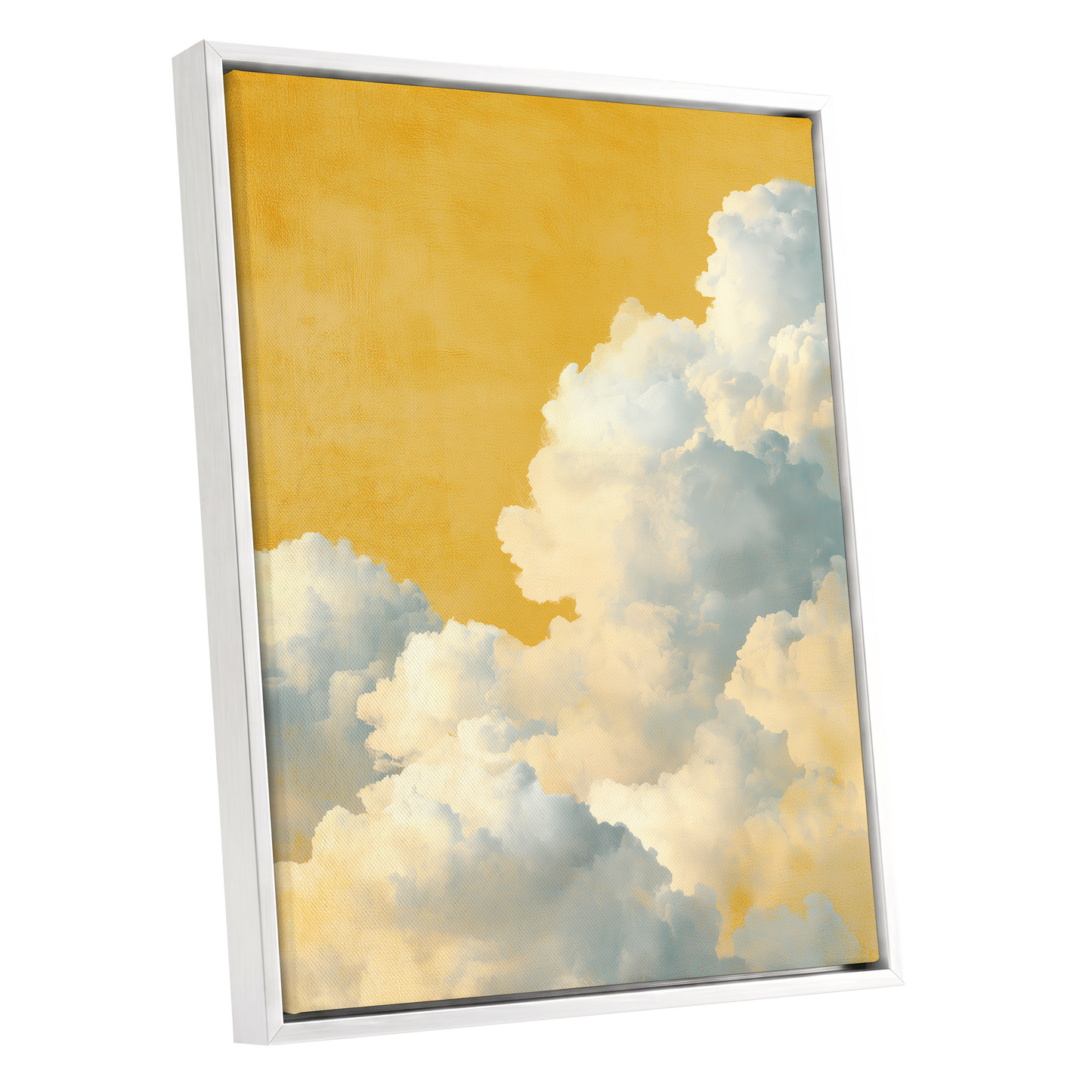 Gilded Cloudrise, gold, white, blue nature wall art shown as a white framed canvas wall art