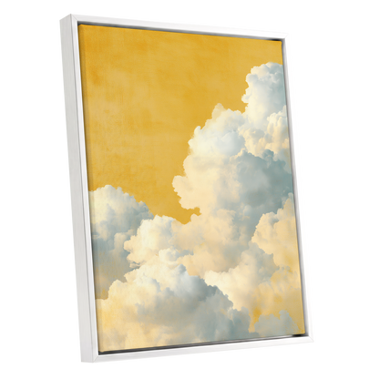 Gilded Cloudrise, gold, white, blue nature wall art shown as a white framed canvas wall art