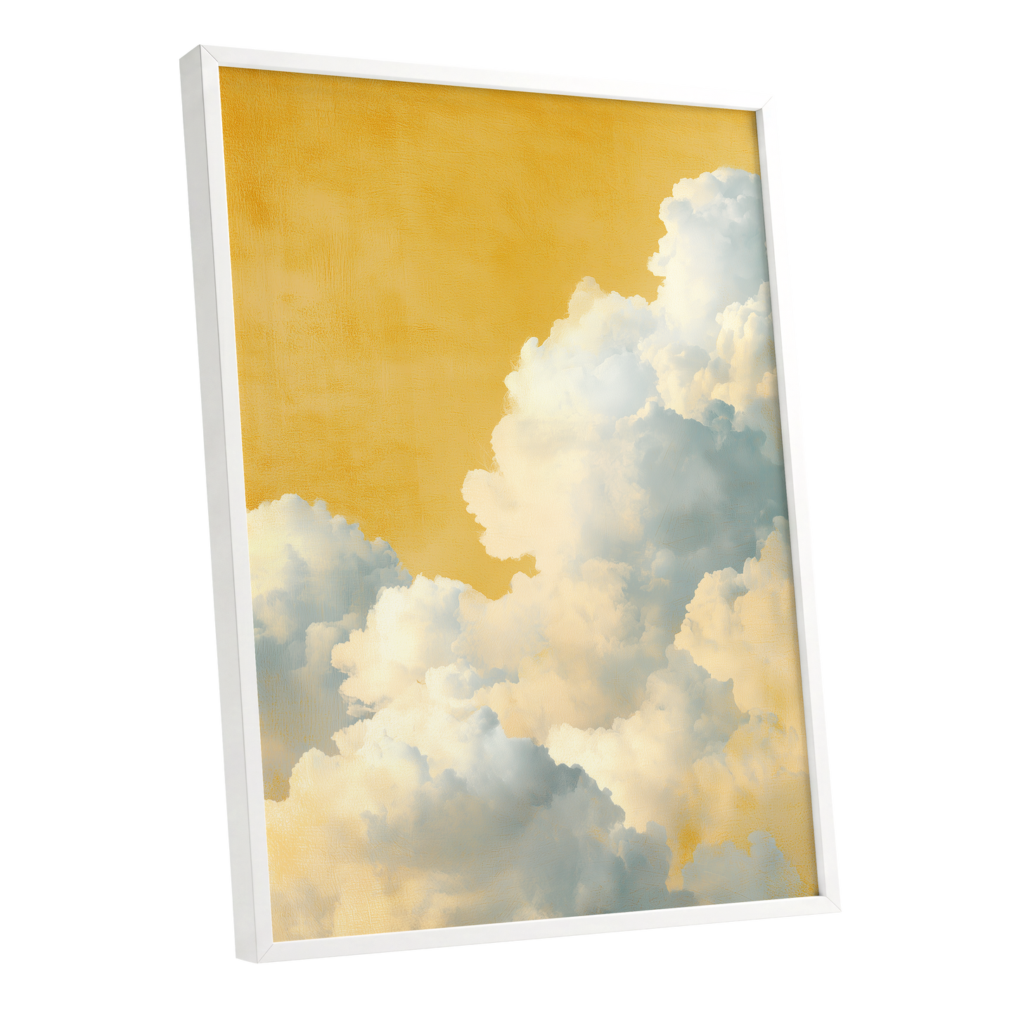 Gilded Cloudrise, gold, white, blue nature wall art shown as a white framed poster wall art print