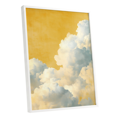 Gilded Cloudrise, gold, white, blue nature wall art shown as a white framed poster wall art print