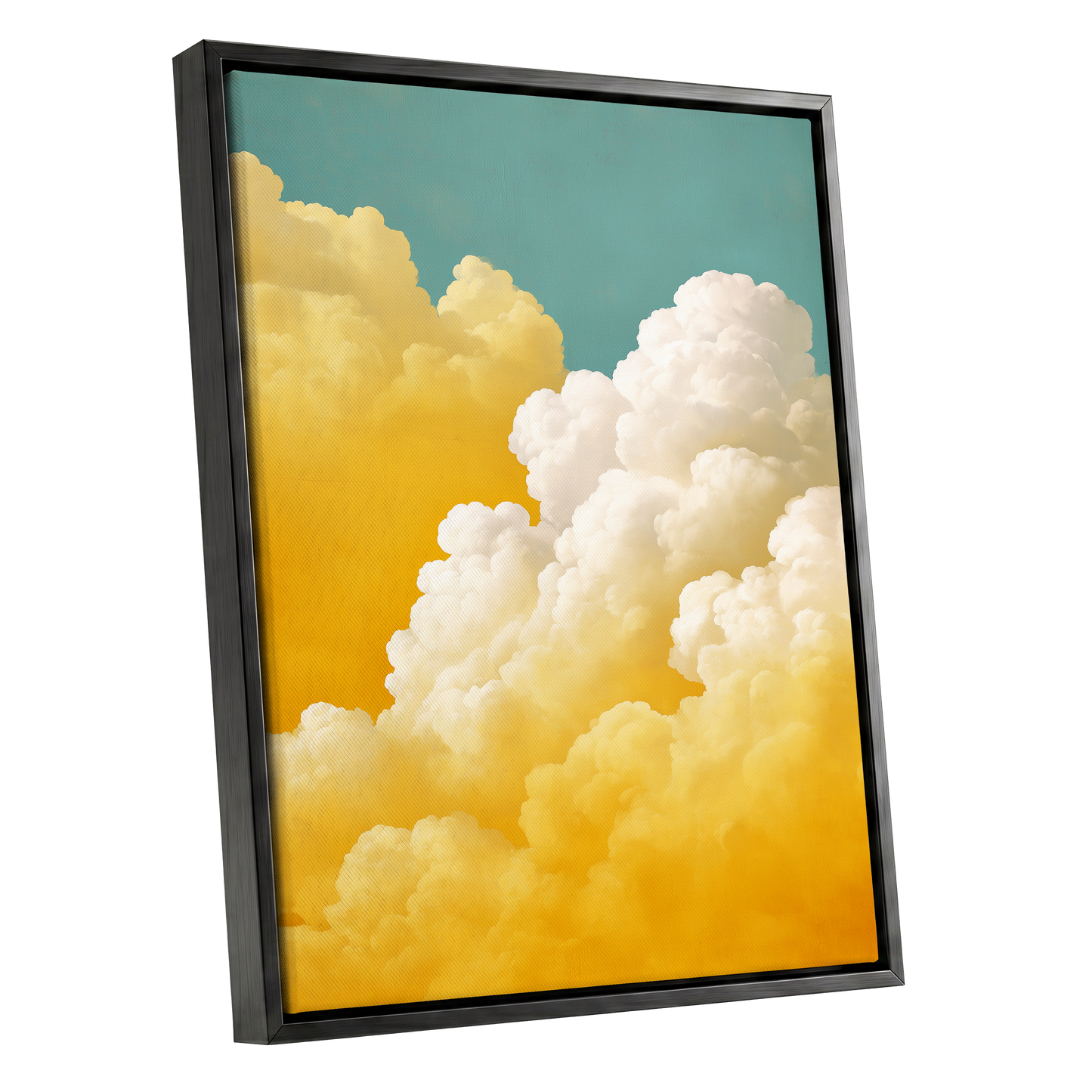 Gilded Cloudscape, blue, gold, yellow nature wall art shown as a black framed canvas wall art