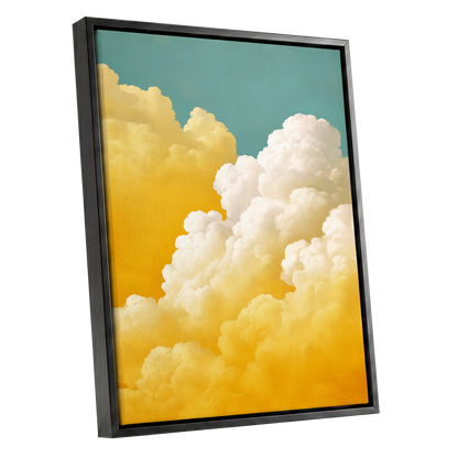 Gilded Cloudscape, blue, gold, yellow nature wall art shown as a black framed canvas wall art