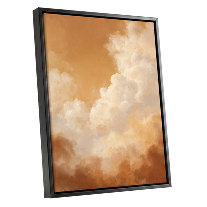 Gilded Cloudscape, gold, orange, beige nature wall art shown as a black framed canvas wall art