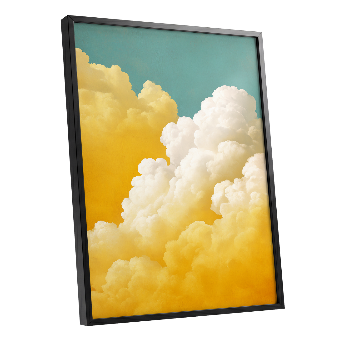 Gilded Cloudscape, blue, gold, yellow nature wall art shown as a black framed poster wall art print