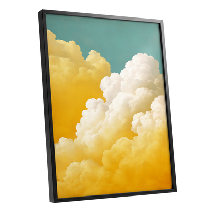 Gilded Cloudscape, blue, gold, yellow nature wall art shown as a black framed poster wall art print