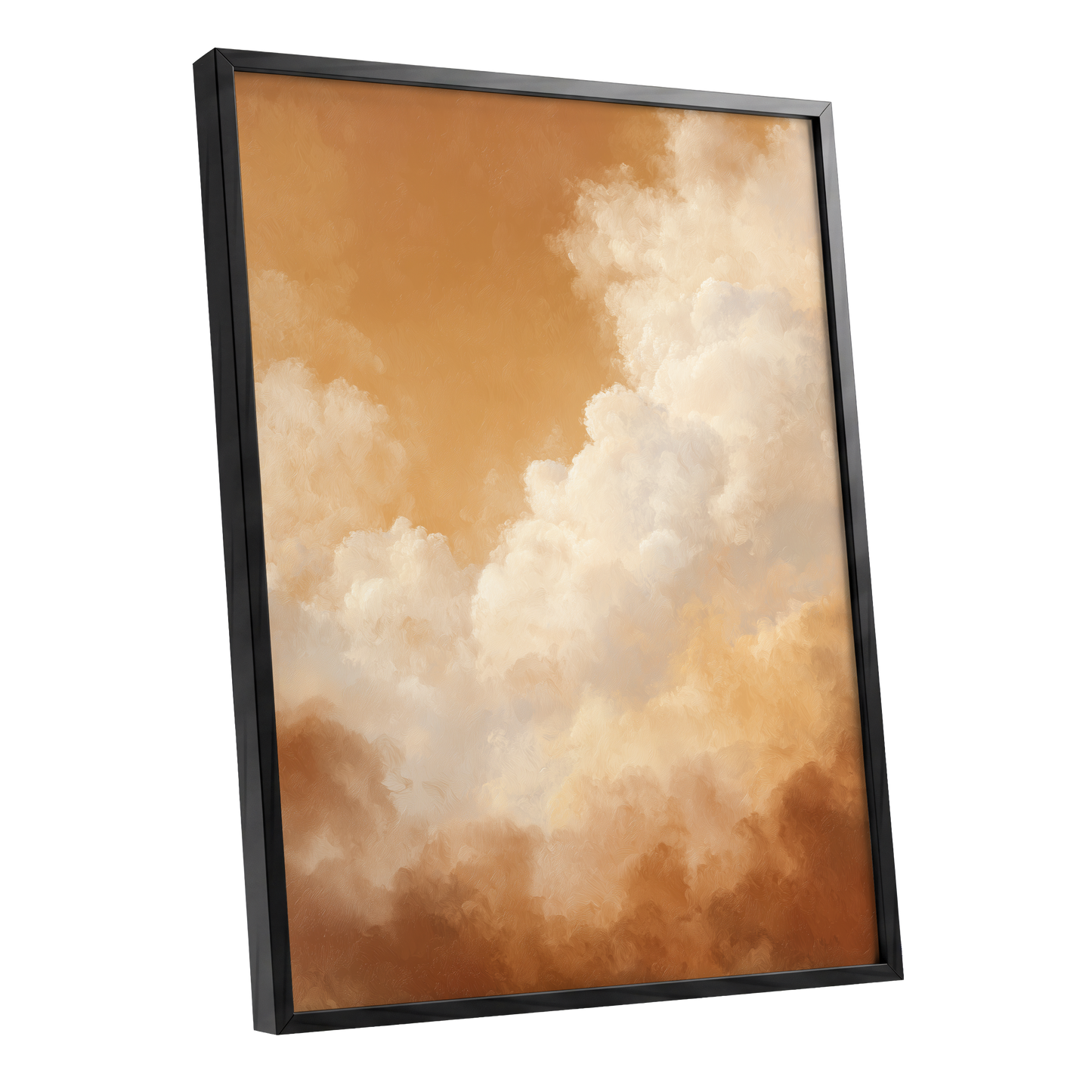Gilded Cloudscape, gold, orange, beige nature wall art shown as a black framed poster wall art print