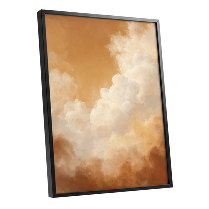 Gilded Cloudscape, gold, orange, beige nature wall art shown as a black framed poster wall art print