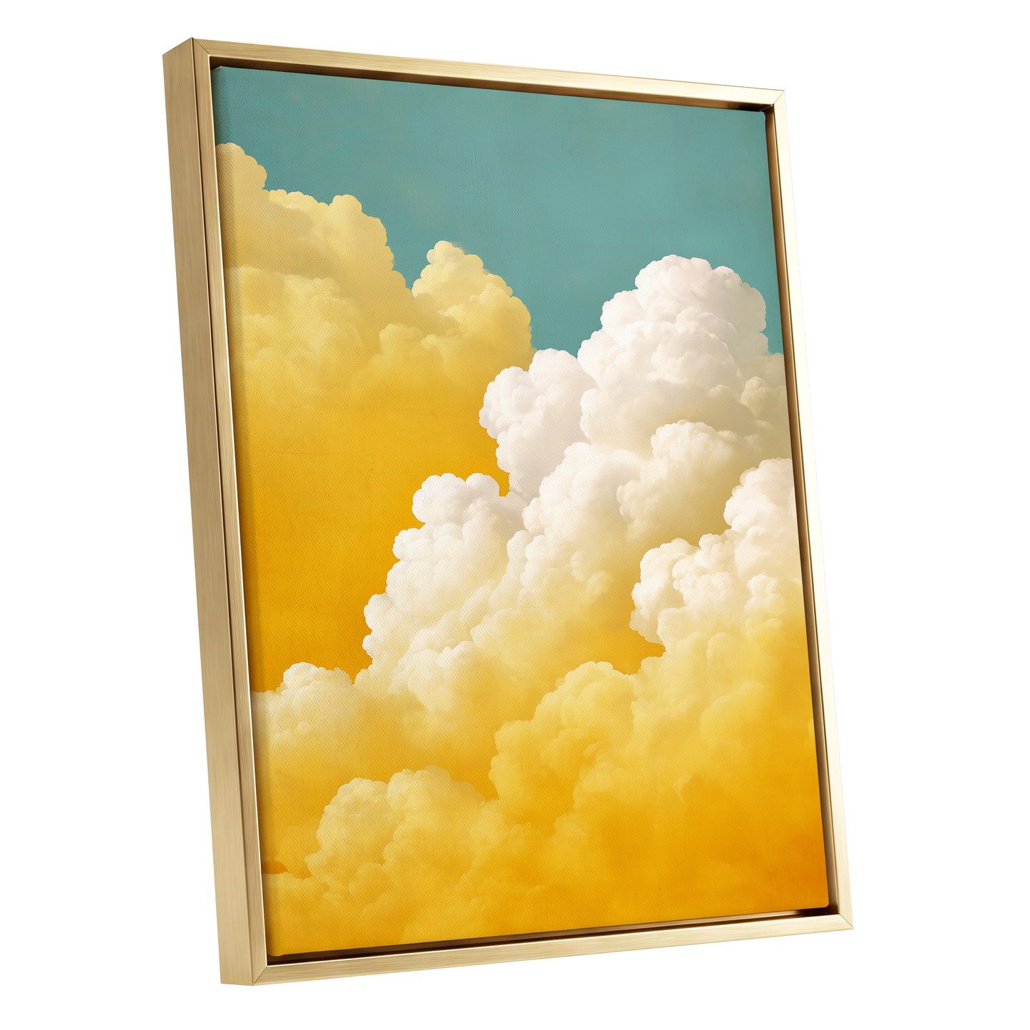 Gilded Cloudscape, blue, gold, yellow nature wall art shown as a gold framed canvas wall art