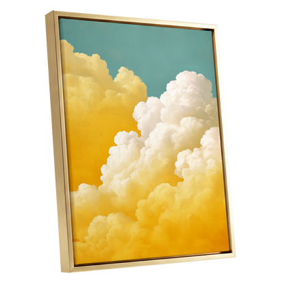 Gilded Cloudscape, blue, gold, yellow nature wall art shown as a gold framed canvas wall art