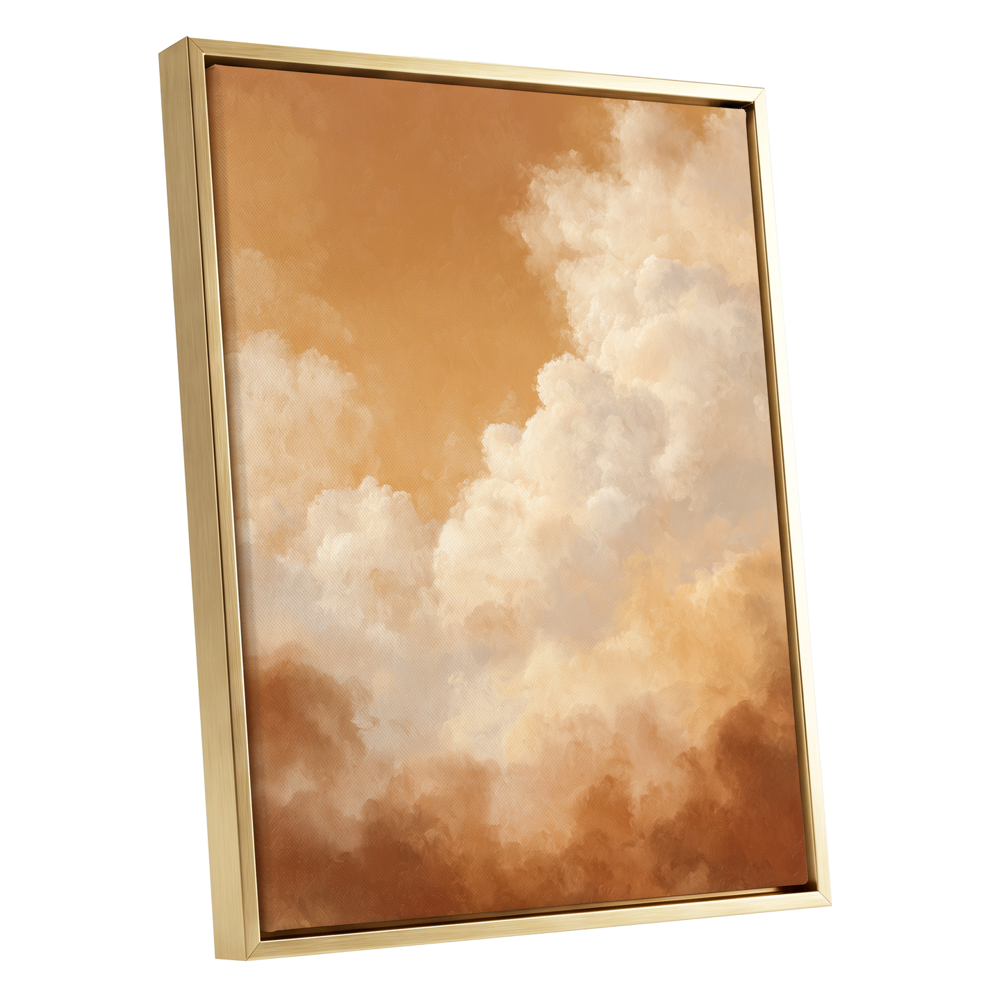Gilded Cloudscape, gold, orange, beige nature wall art shown as a gold framed canvas wall art