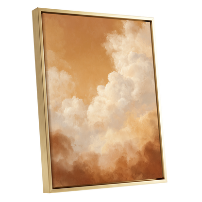 Gilded Cloudscape, gold, orange, beige nature wall art shown as a gold framed canvas wall art