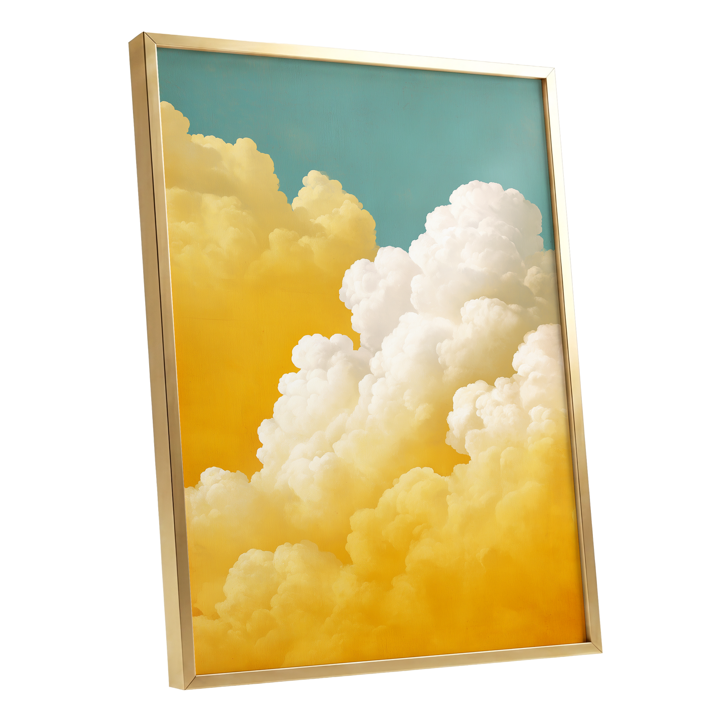 Gilded Cloudscape, blue, gold, yellow nature wall art shown as a gold framed poster wall art print