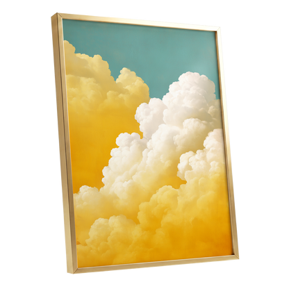 Gilded Cloudscape, blue, gold, yellow nature wall art shown as a gold framed poster wall art print
