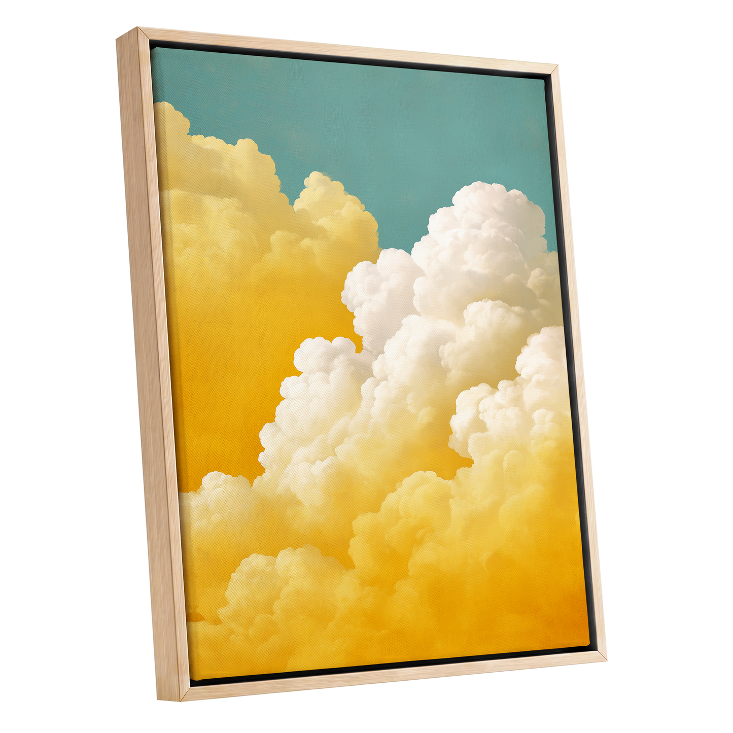 Gilded Cloudscape, blue, gold, yellow nature wall art shown as a oak framed canvas wall art