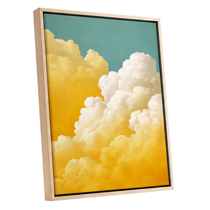 Gilded Cloudscape, blue, gold, yellow nature wall art shown as a oak framed canvas wall art