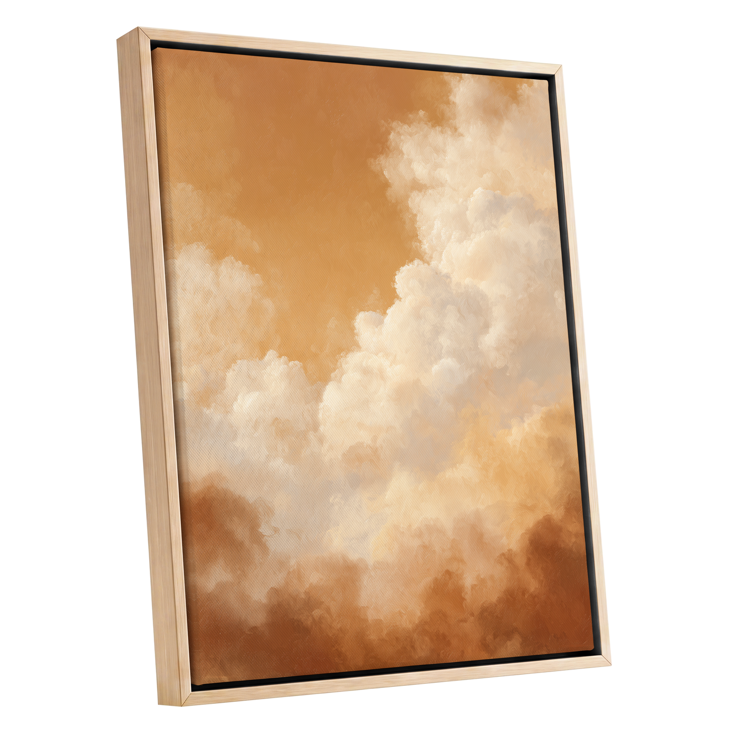 Gilded Cloudscape, gold, orange, beige nature wall art shown as a oak framed canvas wall art